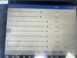 Figure 2: Here we have some more data provided from the engine rebuilder. A quick glance suggests the timing is ok, but this data could be misleading. Do those camshaft timing PIDs say the same thing? I need to check this for myself. Figure 2: Here we have some more data provided from the engine rebuilder. A quick glance suggests the timing is ok, but this data could be misleading. Do those camshaft timing PIDs say the same thing? I need to check this for myself.