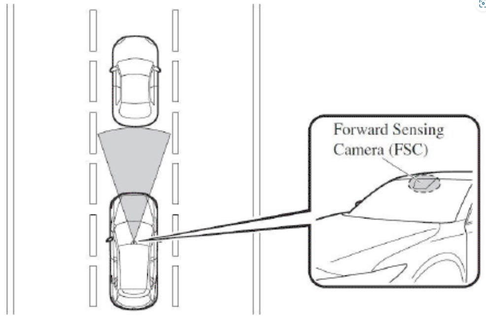 The forward assist sensing camera detects possible collision with another vehicle in front.