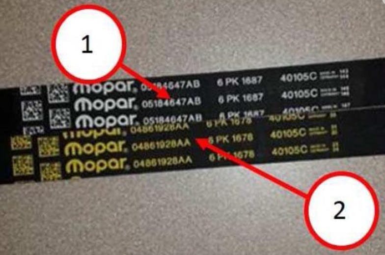 1) Example of incorrect belt P/N. The correct P/N (2) is 04861928AA.