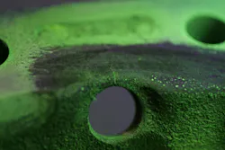 Notice the small crack. This would not have been visible without use of the dye and black light. Notice the small crack. This would not have been visible without use of the dye and black light.