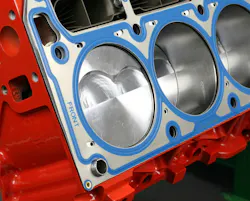 Head gasket orientation is critical. Never rush. Make sure that the gasket is located properly to avoid water/oil port blockoff. Head gaskets, such as the MLS shown here, are marked “front” to aid in placement. Head gasket orientation is critical. Never rush. Make sure that the gasket is located properly to avoid water/oil port blockoff. Head gaskets, such as the MLS shown here, are marked “front” to aid in placement.