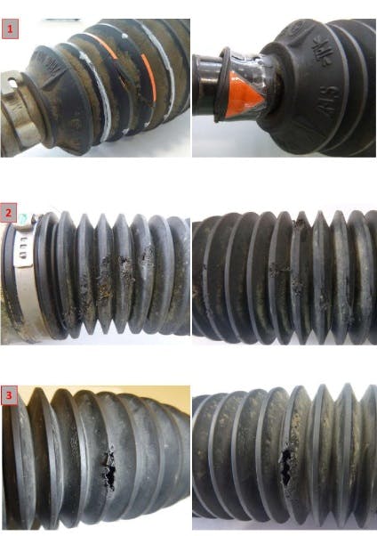 Examples of steering rack boot damage.
