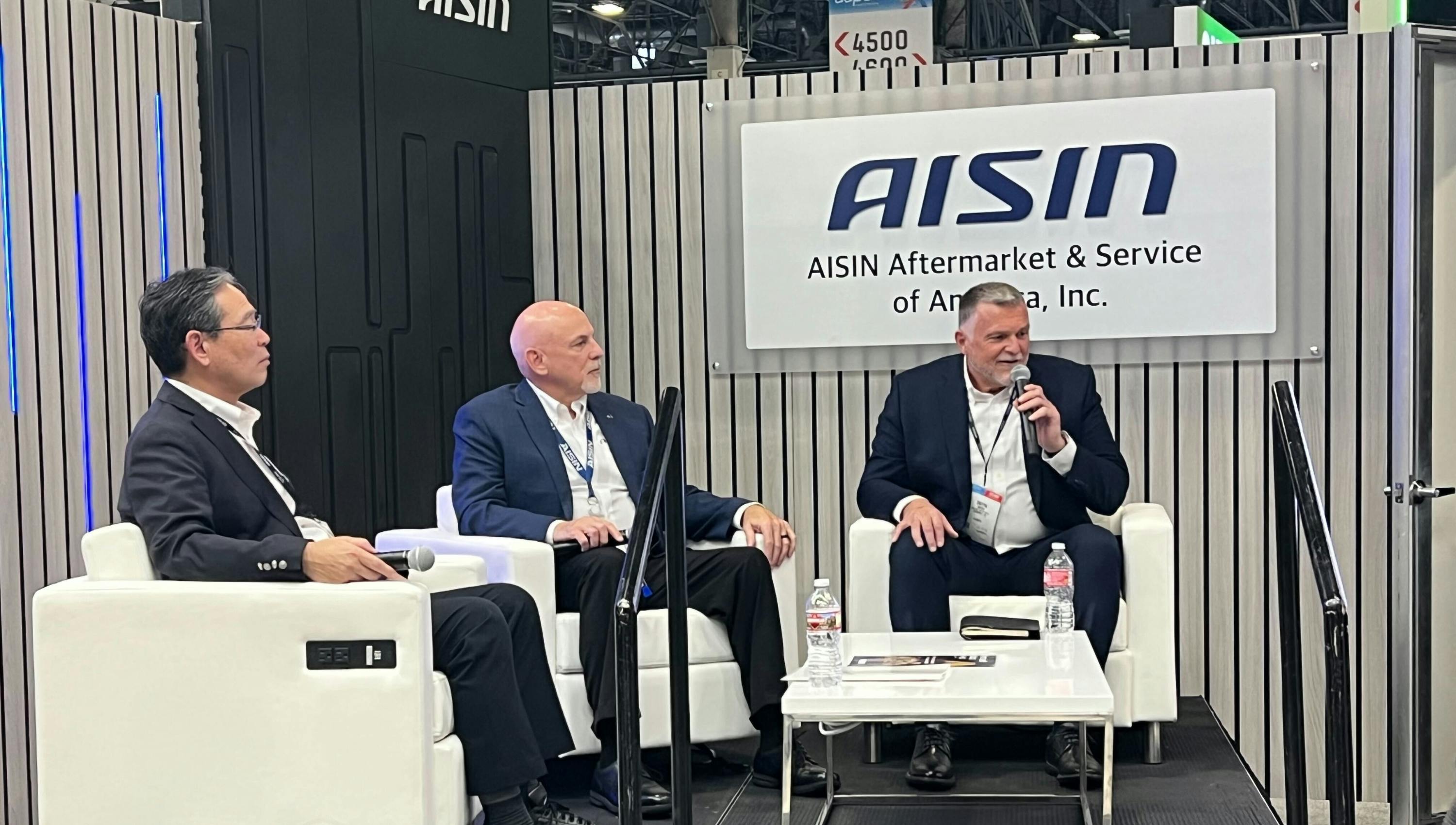 &ldquo;During the AAPEX Show, AISIN Aftermarket held a press conference to discuss the future plans of its global aftermarket segment.&rdquo; Pictured from left to right: Masahiro Shiiya, president of AISIN Corporation&rsquo;s Global Aftermarket company, Scott Turpin, AWA President and CEO, and Dwayne Bates, AWA Senior Vice President of Aftermarket Sales.