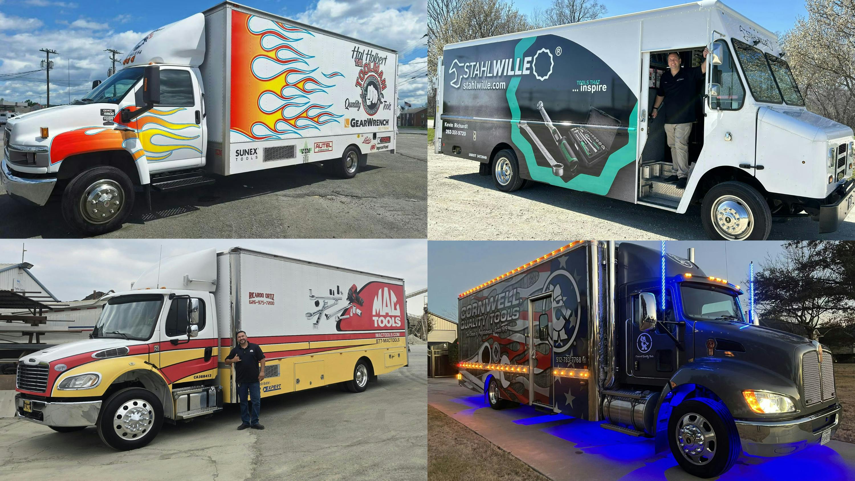 a collage of four photos of tool trucks
