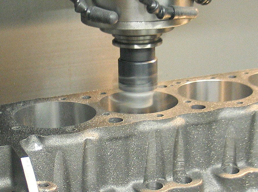 Controlled by CNC software, the cylinder is bored to the desired diameter in exact location and angle relative to crank centerline.