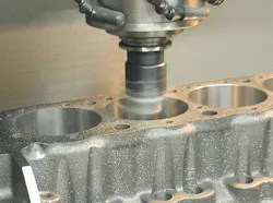 Controlled by CNC software, the cylinder is bored to the desired diameter in exact location and angle relative to crank centerline. Controlled by CNC software, the cylinder is bored to the desired diameter in exact location and angle relative to crank centerline.