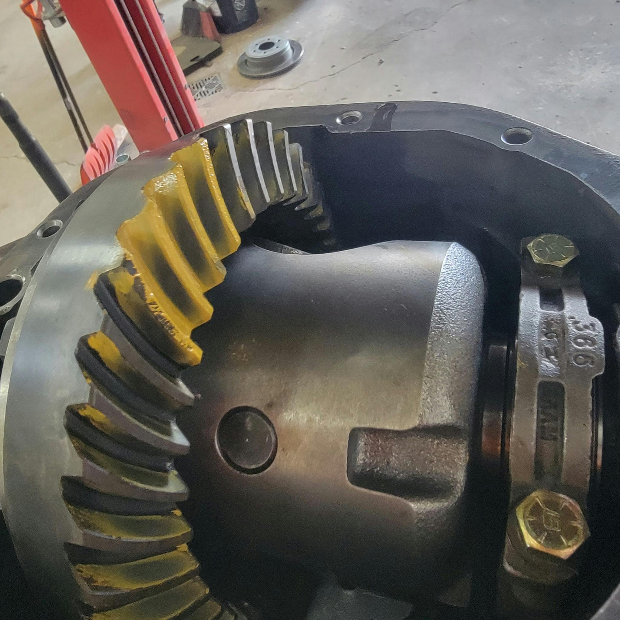 Fig. 7 - Example if a nice, centered contact pattern on the drive side of the ring gear. Note how its not cut off at the root of the gear indicating a pinion that is not set too deep.