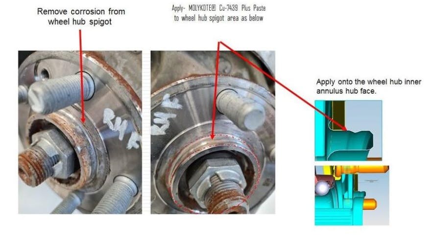 Address front wheel hub clicking noise by cleaning the hub flanges of corrosion/foreign material and applying an anti-seize grease.