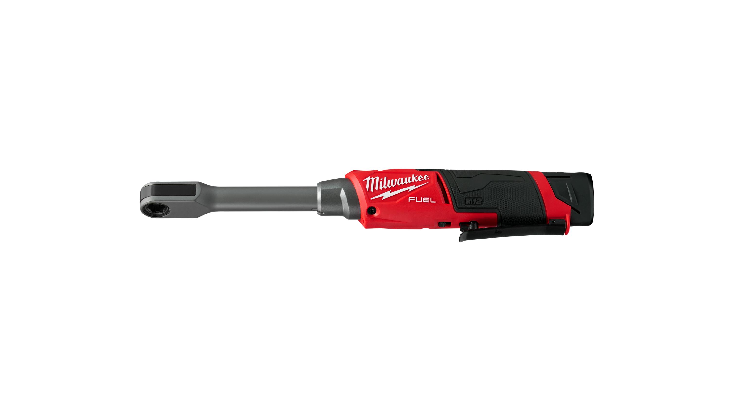 a red and black cordless ratchet with 'Milwaukee Fuel' written in white letters on the handle