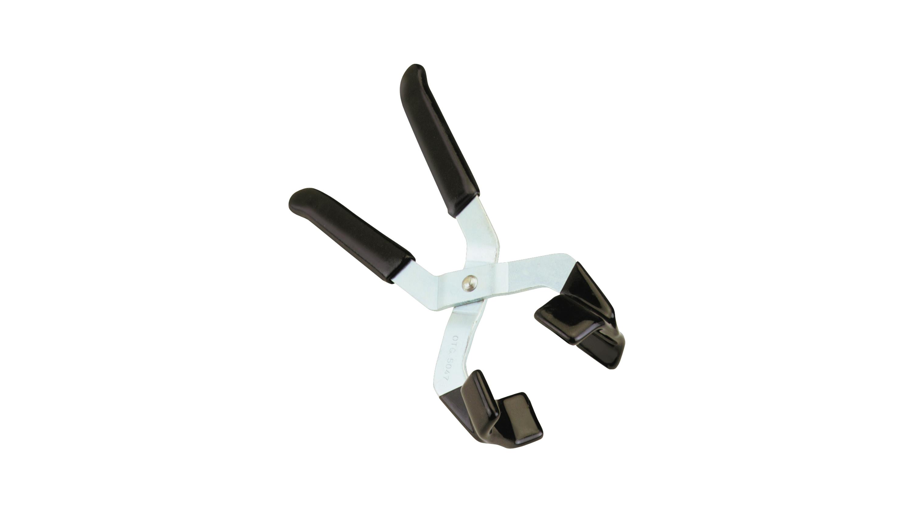 a pair of pliers with black dipped handles and black pieces made to grip around a lug nut cap as jaws