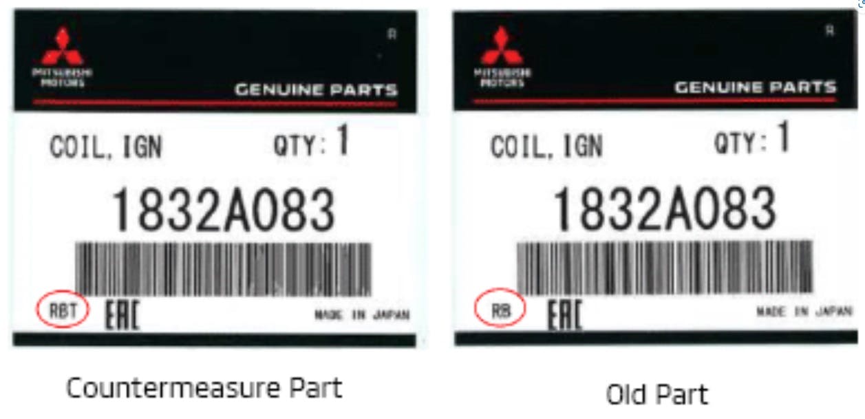 See lower left on the label. Until March 2022, there were three digits ending with a &ldquo;T&rdquo;. As of April 2022, this returned to two digits with no &ldquo;T&rdquo;. Lot number identification: There are six digits of the lot number engraved on top of the coil. The four digits from the left indicate the production date. The fifth and sixth digits indicate the inspection machine number. Countermeasure parts are produced after the following dates: &centerdot; Part 1832A083: 1T10** (2021/Nov/10) or later &centerdot; Part 1832A080/1832A090: 1Y09** (2021/Nov/9) or later
