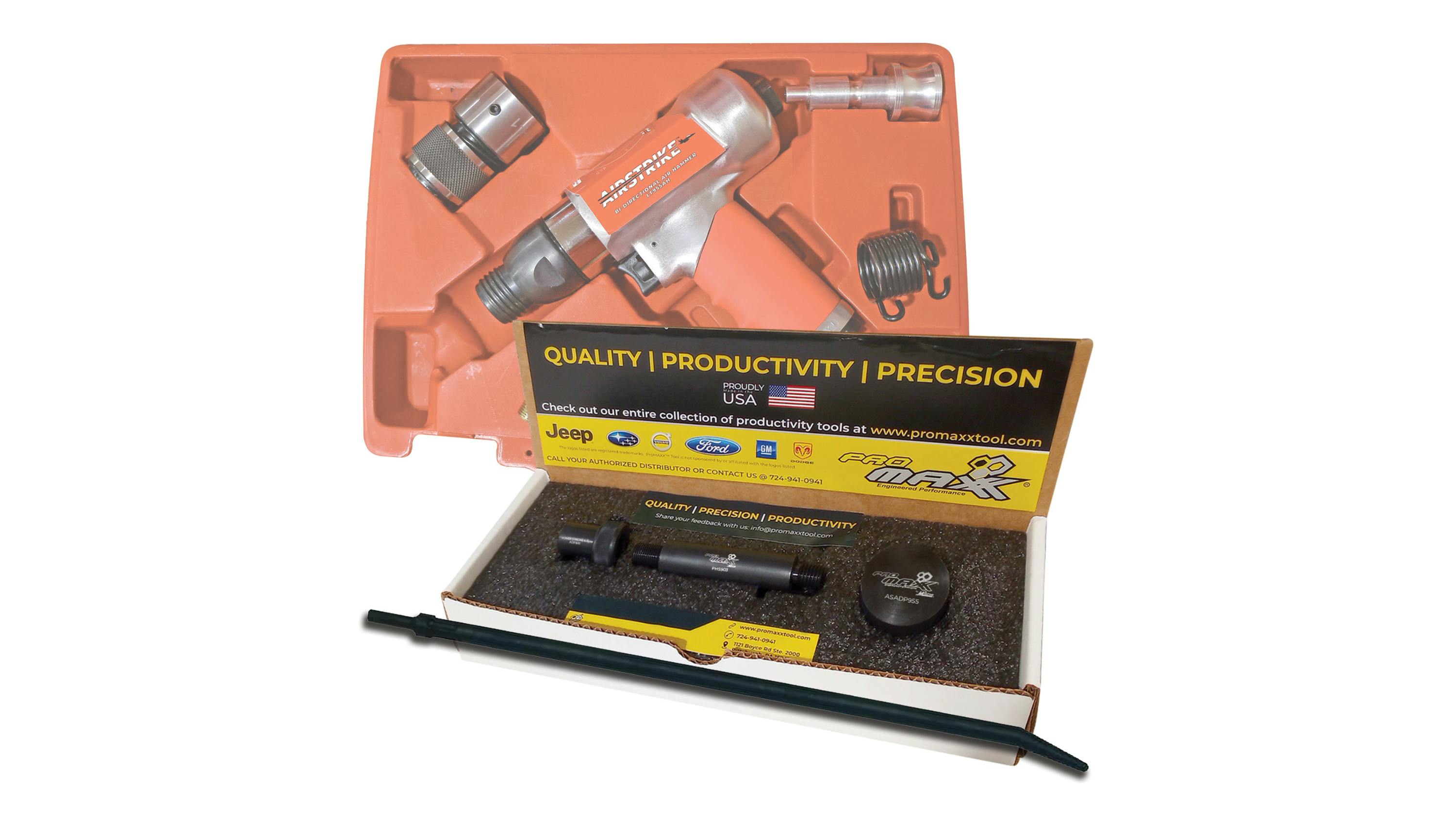 an air hammer in red hard-shell organizer sits behind an open box with the Series 900 fuel injector pullers inside