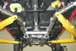 When dealing with luxury/ high-priced vehicles and classic/restored vehicles, always use clean rubber cushions and/or clean rags between the lift pads and the chassis to prevent nicking/dings/scratches. On a twin-post lift, once the lift arm pads contact the vehicle, raise the vehicle slightly, with tires just off of the floor, and apply down/up movement at the front and rear to verify solid contact and balance. Never raise a vehicle on a twin-post lift without first verifying balance. When dealing with luxury/ high-priced vehicles and classic/restored vehicles, always use clean rubber cushions and/or clean rags between the lift pads and the chassis to prevent nicking/dings/scratches. On a twin-post lift, once the lift arm pads contact the vehicle, raise the vehicle slightly, with tires just off of the floor, and apply down/up movement at the front and rear to verify solid contact and balance. Never raise a vehicle on a twin-post lift without first verifying balance.
