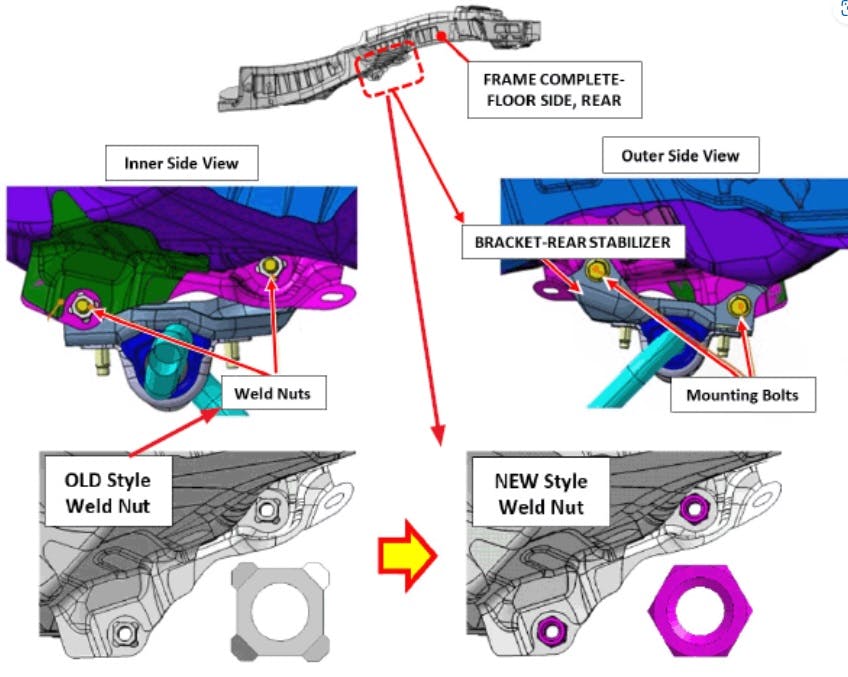 Old style weld nuts (left) and new style. The new style bolts (25mm long) must be used with the new style nuts.