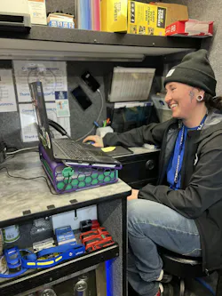 Libby's workspace is out of the way of customers, offering an ample amount of space for her to work. Libby's workspace is out of the way of customers, offering an ample amount of space for her to work.