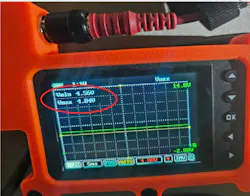 Figure 2 - This same switched-ignition PCM feed circuit would measure 12V with the key on. However, the anticipated 0V at key-off didn’t occur. As can be seen, nearly 5V is present. Figure 2 - This same switched-ignition PCM feed circuit would measure 12V with the key on. However, the anticipated 0V at key-off didn’t occur. As can be seen, nearly 5V is present.