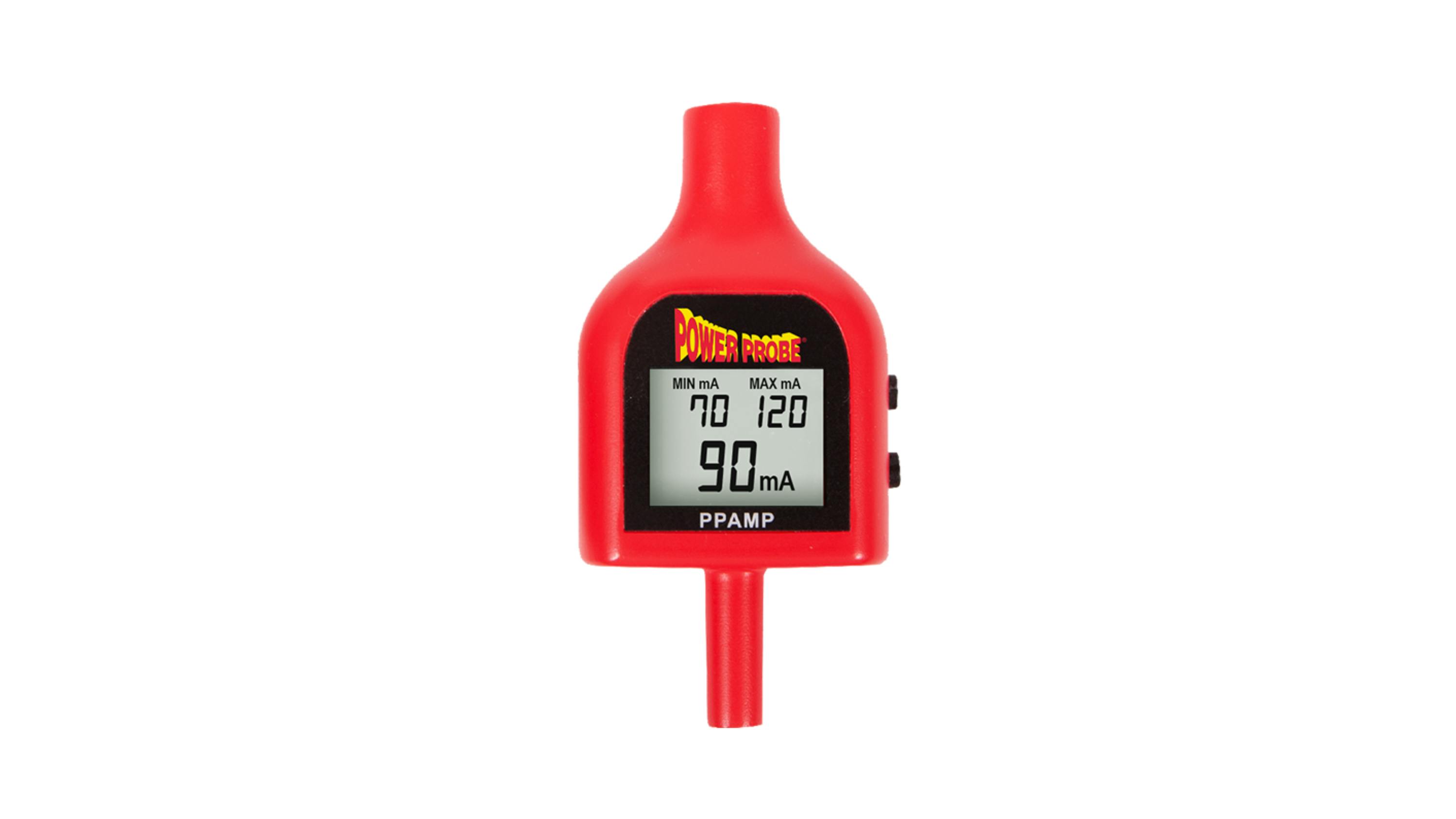 a red plastic tool with a small LCD screen, magnetic tip, and labels that say Power Probe and PPAMP on the tool