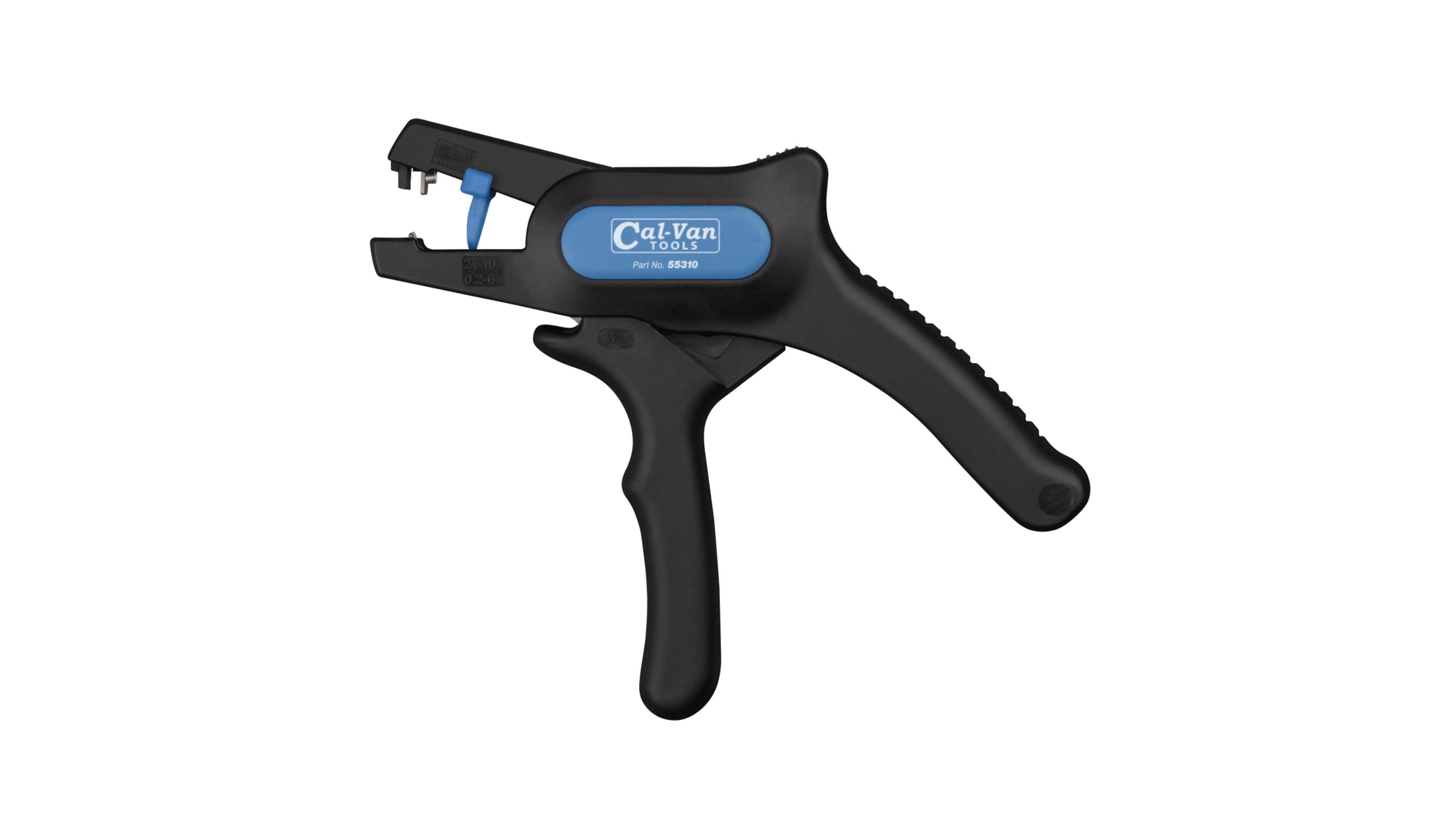 a black and blue plastic wire stripper with Cal-Van Tools logo