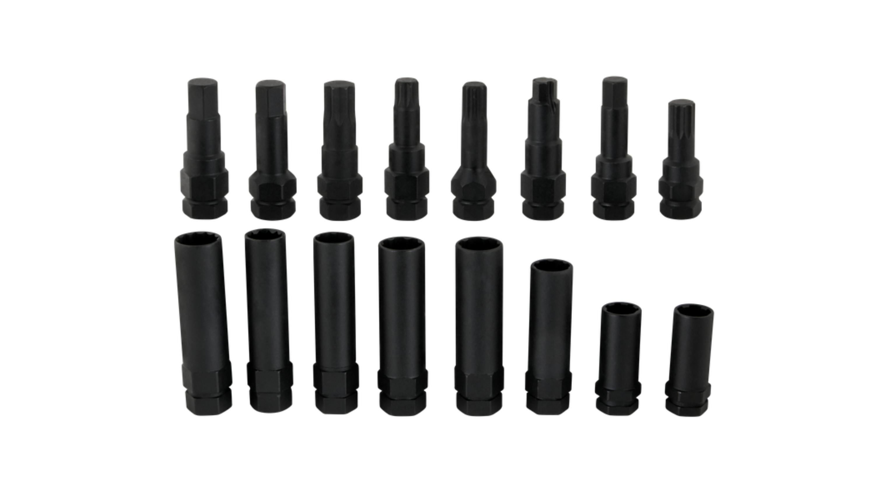 eight narrow black metal lug nut keys above eight wider black metal lug nut keys