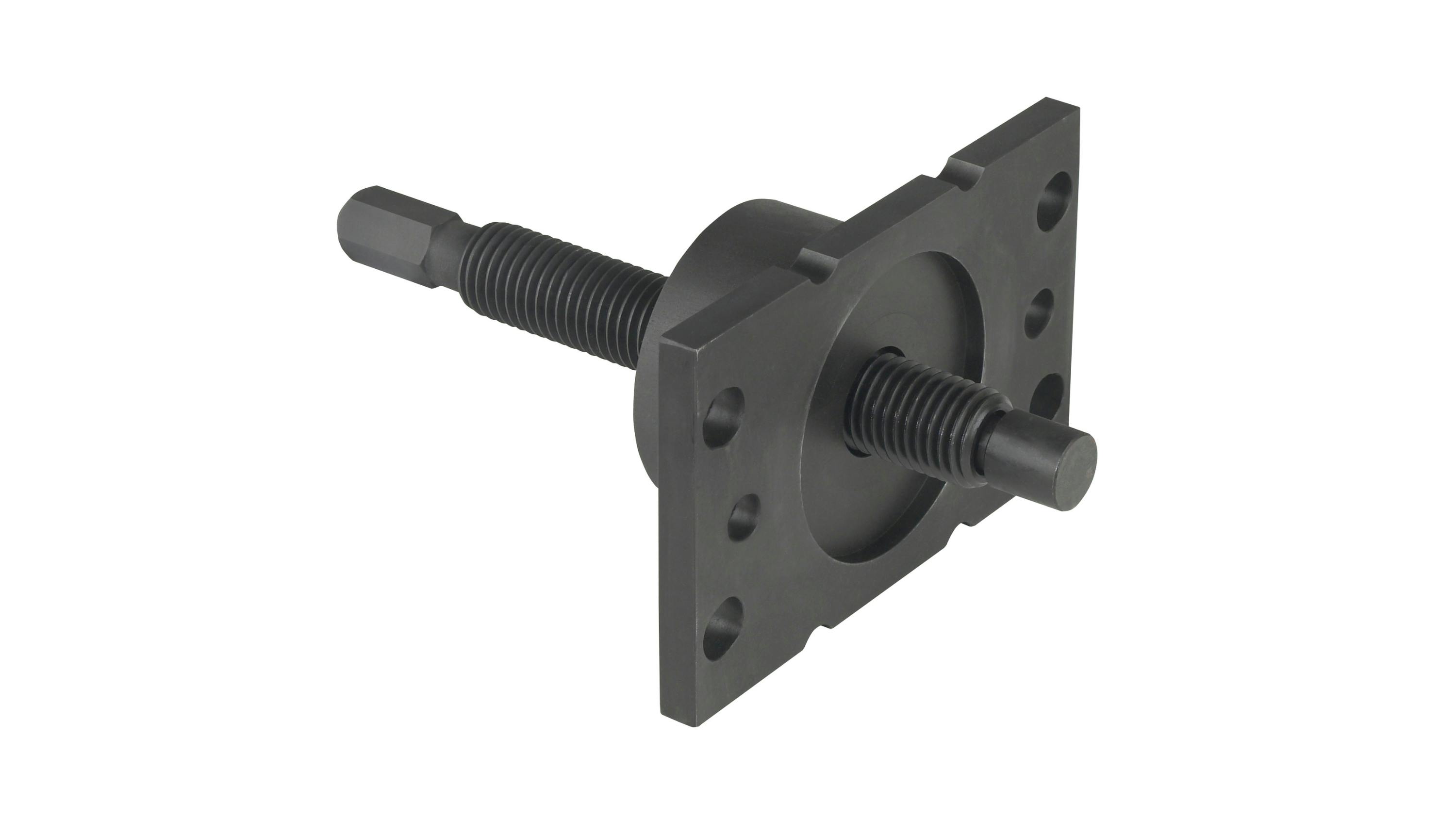 a black threaded rod is midway inserted into a palm-sized black metal square with holes on the edge