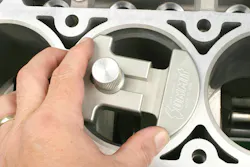 In order to check ring end gap, place a top ring into a bore and square the ring so that it is seated at equal depth along the entire perimeter. A ring squaring tool (example shown here) allows quick ring squaring. Repeat for all top and second rings. In order to check ring end gap, place a top ring into a bore and square the ring so that it is seated at equal depth along the entire perimeter. A ring squaring tool (example shown here) allows quick ring squaring. Repeat for all top and second rings.