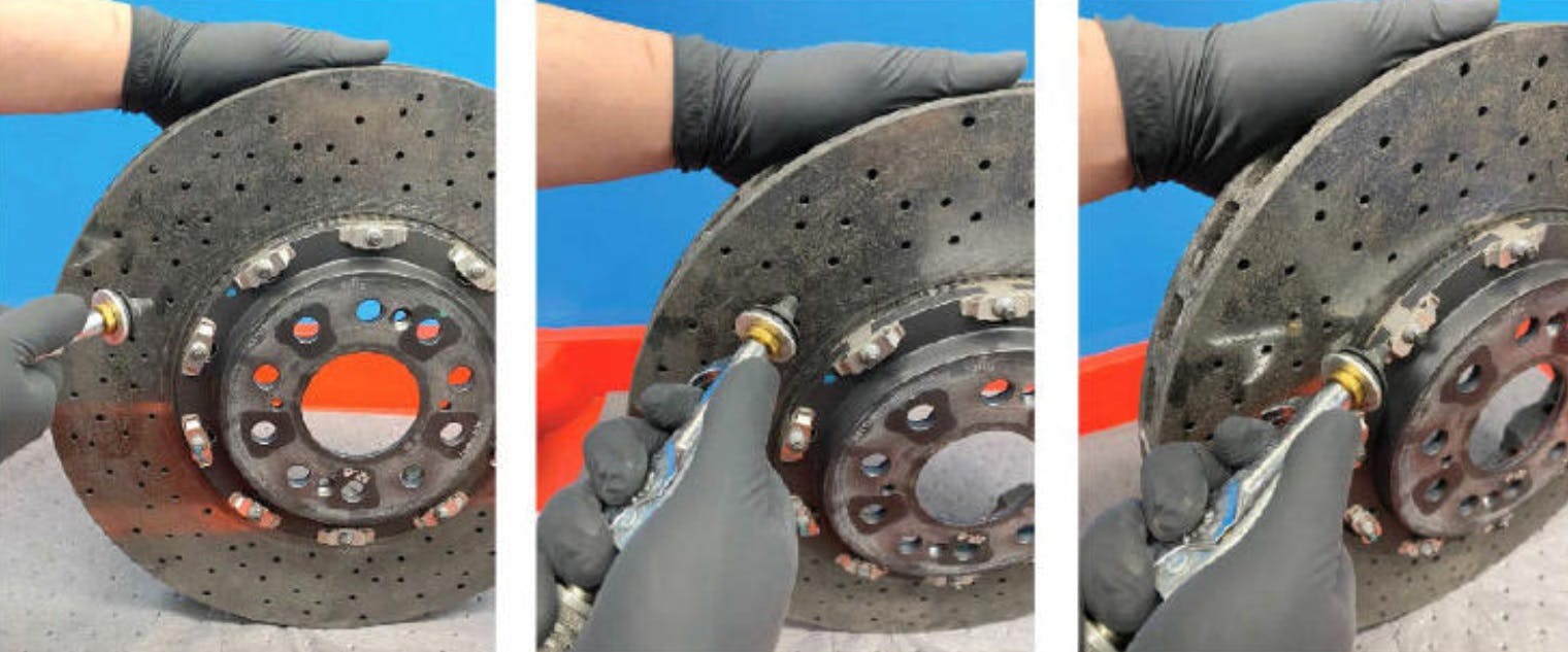 Clean brake discs thoroughly. Blow all disc cooling holes using compressed air.