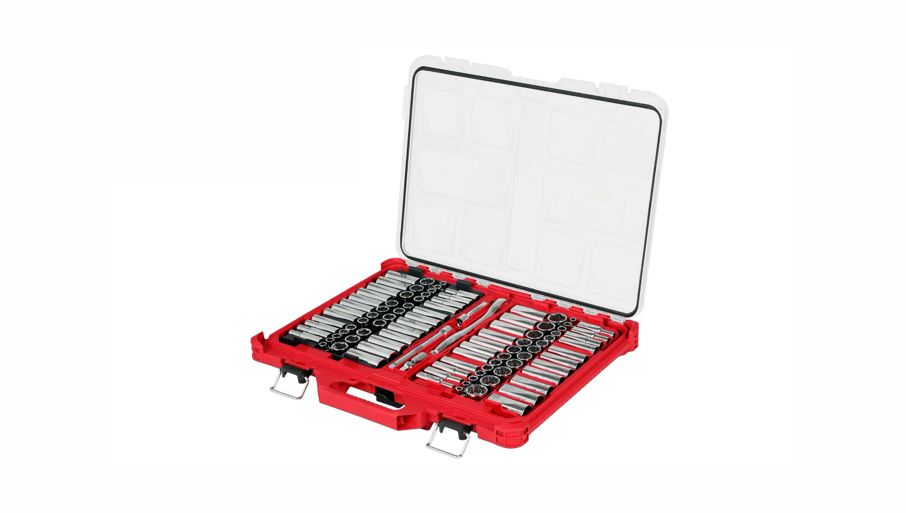 a red plastic organizer holding dozens of chrome sockets and several ratchets