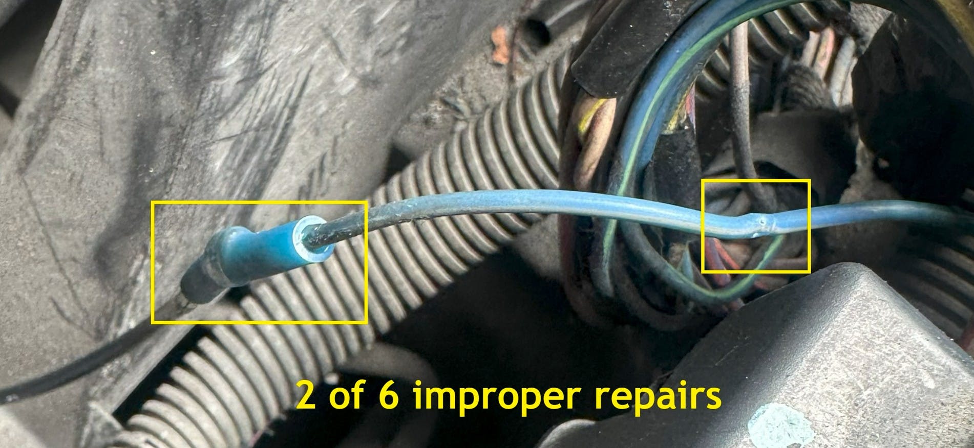 Figure 2- Unfortunately, many technicians don&rsquo;t realize the impact shotty circuity repairs can have on a diagnosis. Technician-induced faults can be some of the most difficult to find. In this case, at least six additional faults were created due to improper repair.