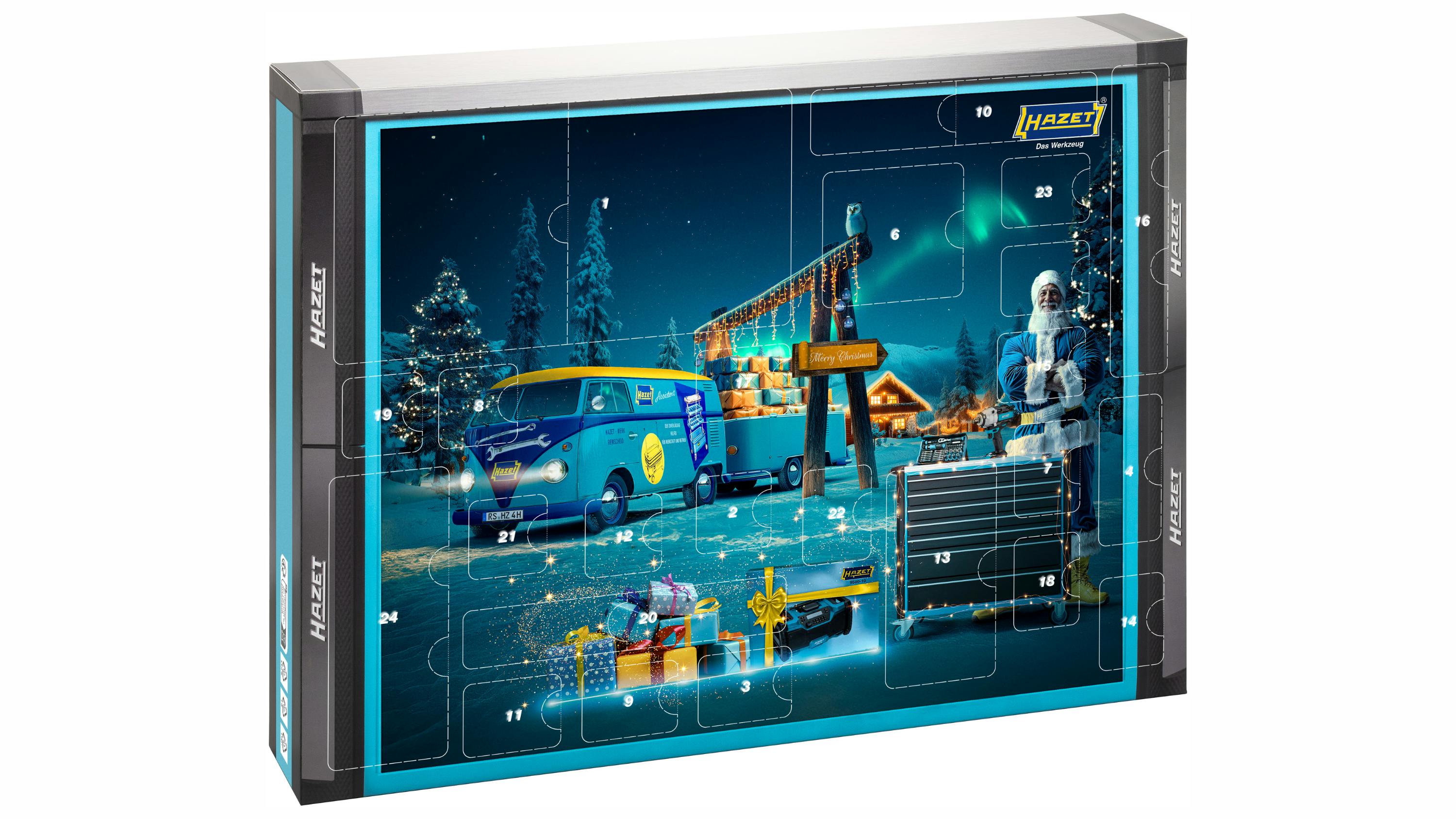 an advent calendar with a picture of Santa, a van, and presents in the snow with a HAZET color theme