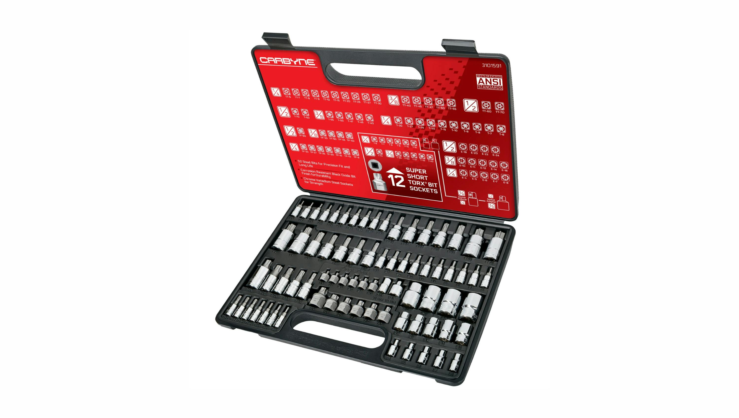 72 chrome sockets in a black and red case