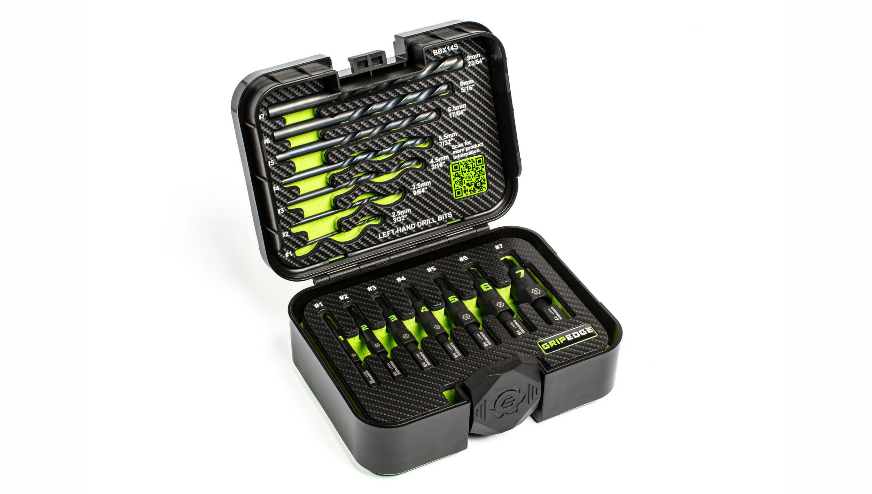 bolt extractors packaged in an open plastic case with foam organizers