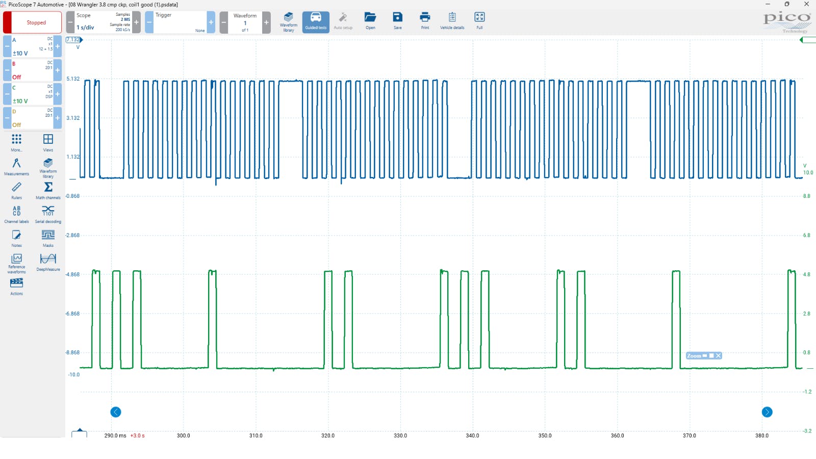 This correlation capture represents what a known-good capture displays. Unfortunately, the shop that repaired the wiring failed to capture this same correlation waveform after the repair. Although this capture is not from the subject vehicle, its characteristics would be identical and sufficient for the PCM to leverage as a proper signal input.