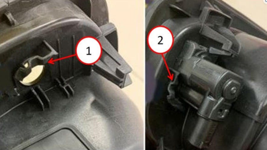 At left is an example of broken housing tabs. At right is an example of housing tabs holding the actuator.