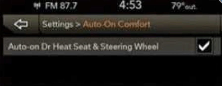 Example of the screen showing a single check mark to enable or disable the Auto-On Comfort feature.