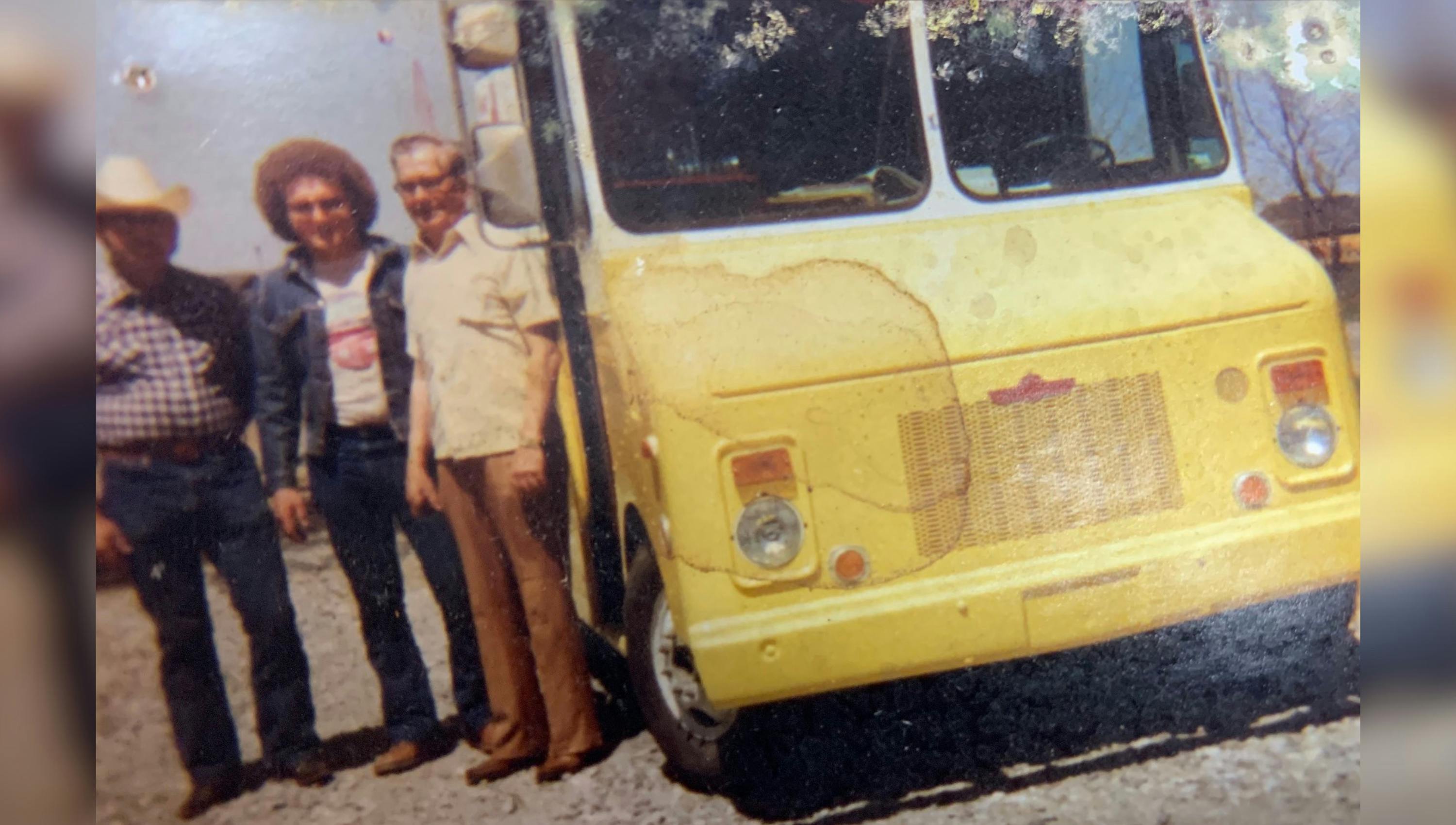 Danny Stratton (middle), his father, Harlan Stratton (left), and his first customer, Bruce Stratton (right), on April 20, 1980.