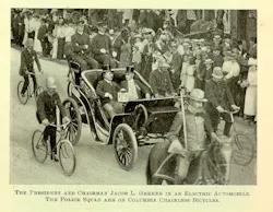 Theodore Roosevelt makes history in Hartford, Connecticut, on August 22, 1902, as the first president to participate in an official public procession via automobile. He is seen here riding in a Columbia Electric Victoria Phaeton, accompanied by a diverse security detail of horseback riders and bicycle police. Theodore Roosevelt makes history in Hartford, Connecticut, on August 22, 1902, as the first president to participate in an official public procession via automobile. He is seen here riding in a Columbia Electric Victoria Phaeton, accompanied by a diverse security detail of horseback riders and bicycle police.