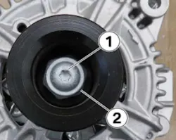 Check the SGR drive pulley’s retaining screw (1) for tightness, If loose or missing, replace the starter generator. Check the SGR drive pulley’s retaining screw (1) for tightness, If loose or missing, replace the starter generator.