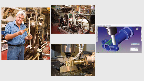 Clockwise from left Jay Leno in front of his 1831 steam engine with one of two identical pieces made for the stationary engineThis 1831 steam engine is fully functional with its lower sleeve replacement mdash the brass part suspending the spherical flyweights The engine is one of two stationary engines Jay Leno houses at Big Dog GarageCut Part Rendering the GibbsCAM toolpath verification feature shows path of cutting tools and stock removed to create lower sleeve of a steam governorThe lower sleeve of a s