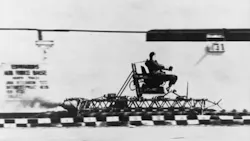 Lt Col John Stapp aboard the rocket sled at Muroc Army Air Field later Edwards Air Force Base The first mannedrun of the rocket sled took place in December 1947 and a total of 74 manned tests were conducted through 1951 Lt Col John Stapp aboard the rocket sled at Muroc Army Air Field later Edwards Air Force Base The first mannedrun of the rocket sled took place in December 1947 and a total of 74 manned tests were conducted through 1951