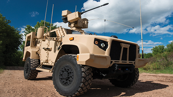 The Oshkosh Joint Light Tactical Vehicle JLTV is outfitted with an EOS R400SMK2 remote weapon system integrated with s 30mm lightweight automatic chain gun