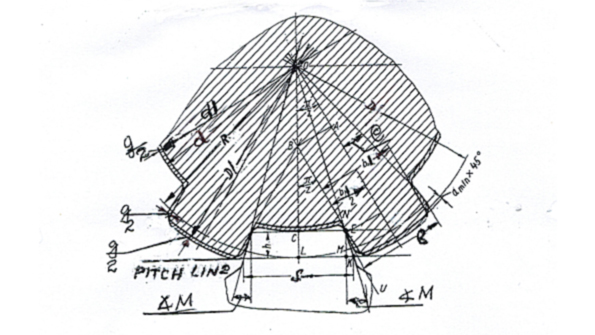 Figure 1 Calculating the angle of the teeth in preparation for producing on a threadgrinding machine