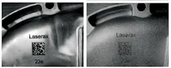 Laserax / DMC imprinted on a casting surface, before and after shotblasting Laserax / DMC imprinted on a casting surface, before and after shotblasting