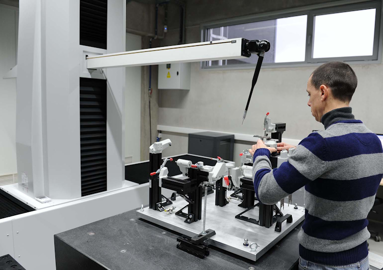 A modular fixture with locators produced by additive manufacturing are being inspected on an LK Metrology HC90 40.16.16 CMM at RapidFit, Leuven, Belgium.