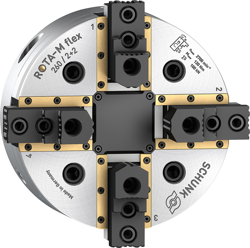 Sealed guideways ensure process safety of the centrically compensating SCHUNK ROTA-M flex 2+2 chuck.