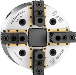 Sealed guideways ensure process safety of the centrically compensating SCHUNK ROTA-M flex 2+2 chuck. Sealed guideways ensure process safety of the centrically compensating SCHUNK ROTA-M flex 2+2 chuck.