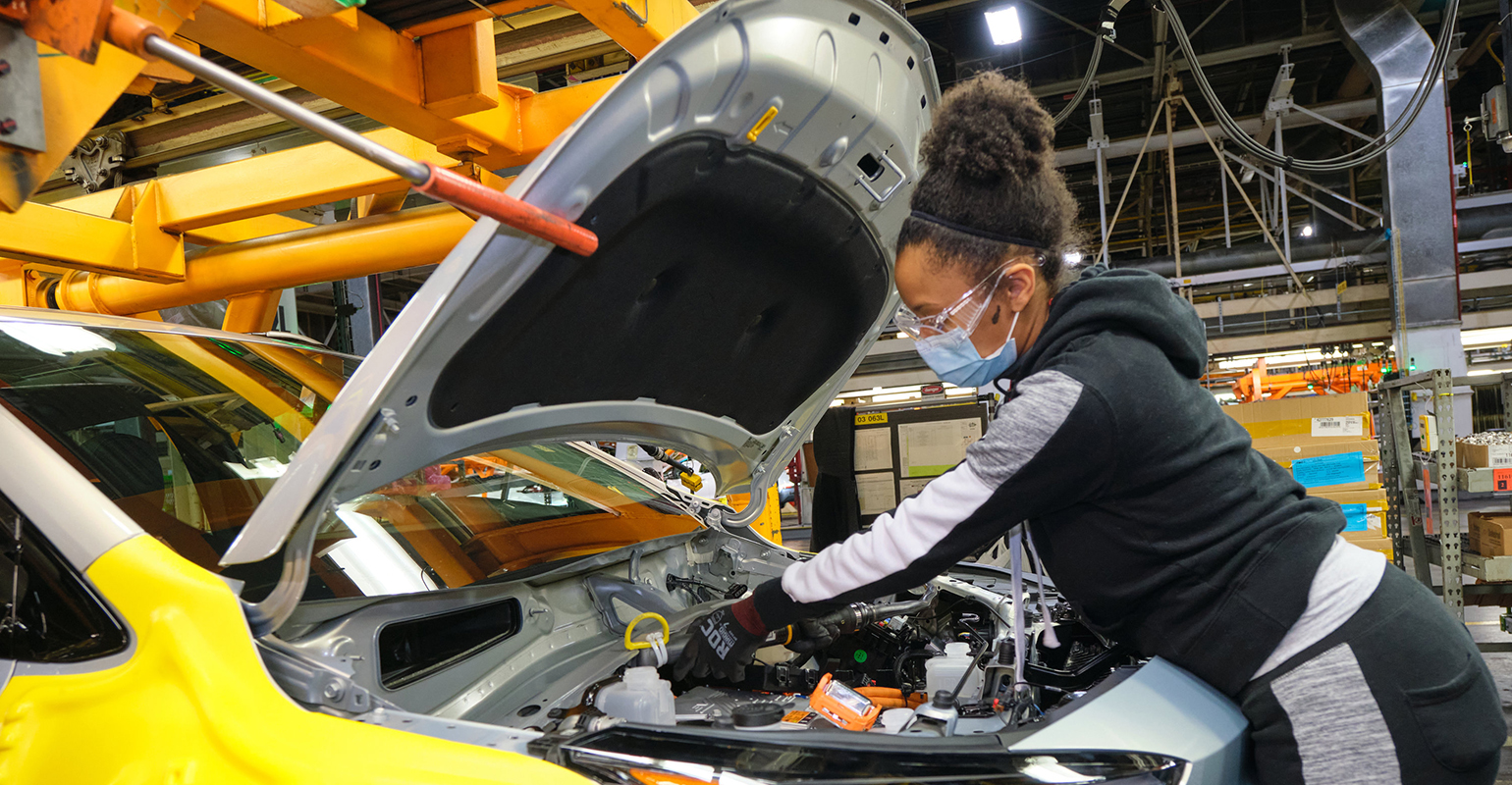 A 2022 Chevrolet Bolt EUV during assembly at the General Motors Orion Assembly Plant in Orion Township, Michigan.