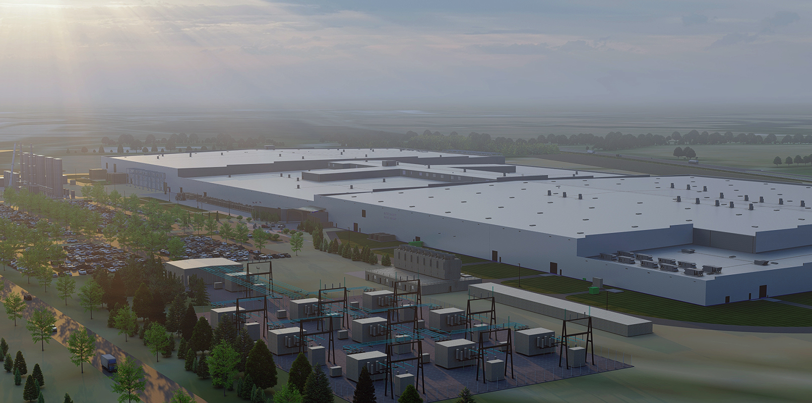 A rendering of the Ultium Cells LLC plant for EV batteries planned for Spring Hill, Tenn.