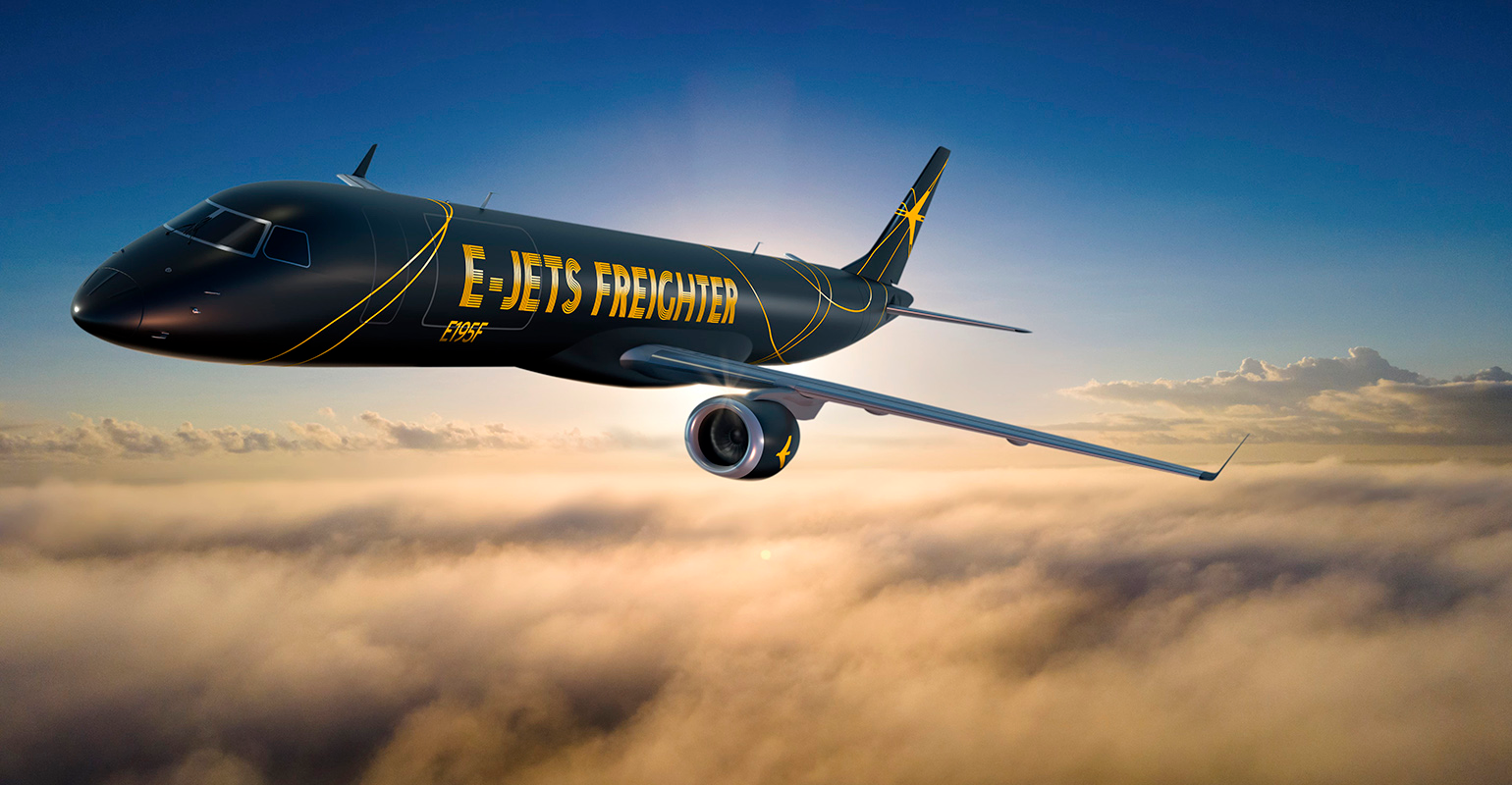 An E190F illustration - a cargo aircraft converted from an E190 passenger jet.