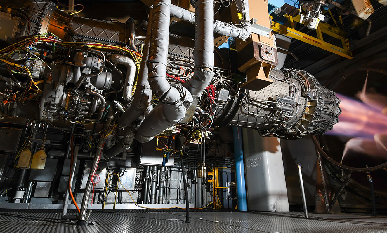 A Pratt & Whitney F-135 engine on a test stand.