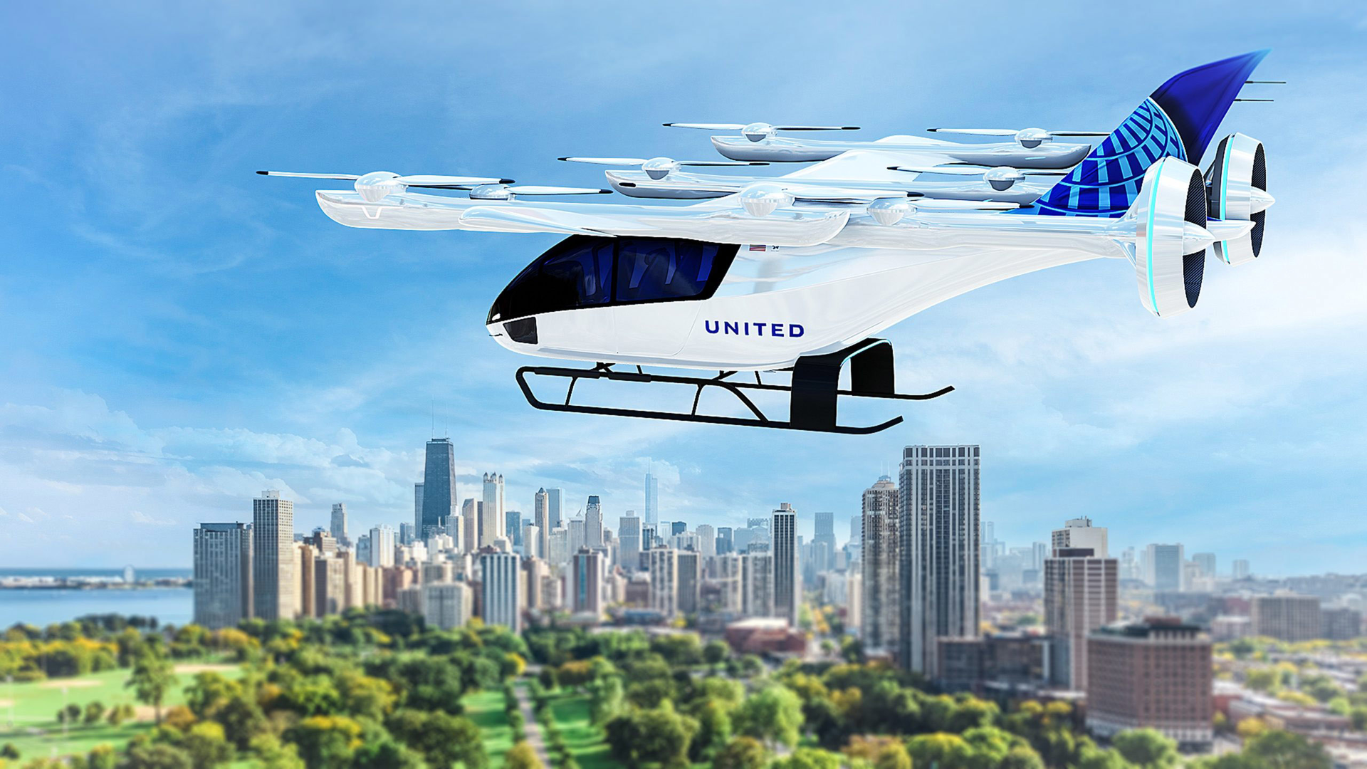 A concept illustration of the Eve Air Mobility eVTOL aircraft in commuter service in Chicago.
